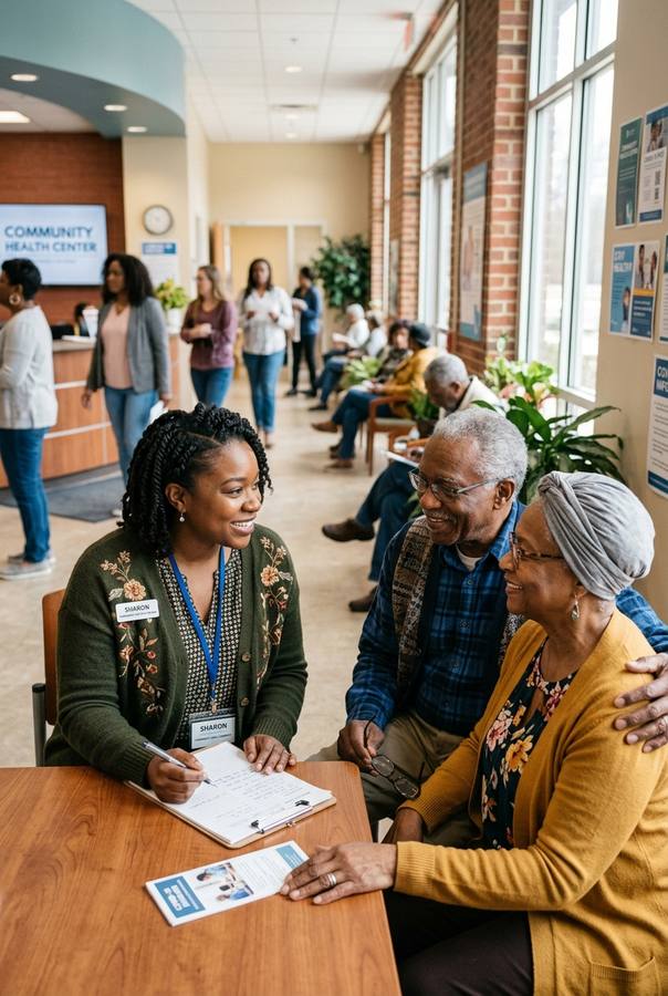 A Black community health worker guiding an older couple through their care plan