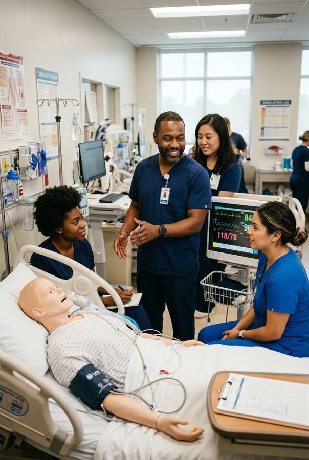 A Black nurse educator teaching students at a simulation bedside