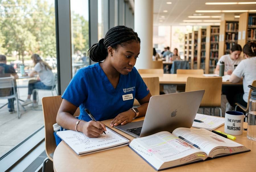 A Black nursing student working through her cardiovascular notes in the library — the future is nursing