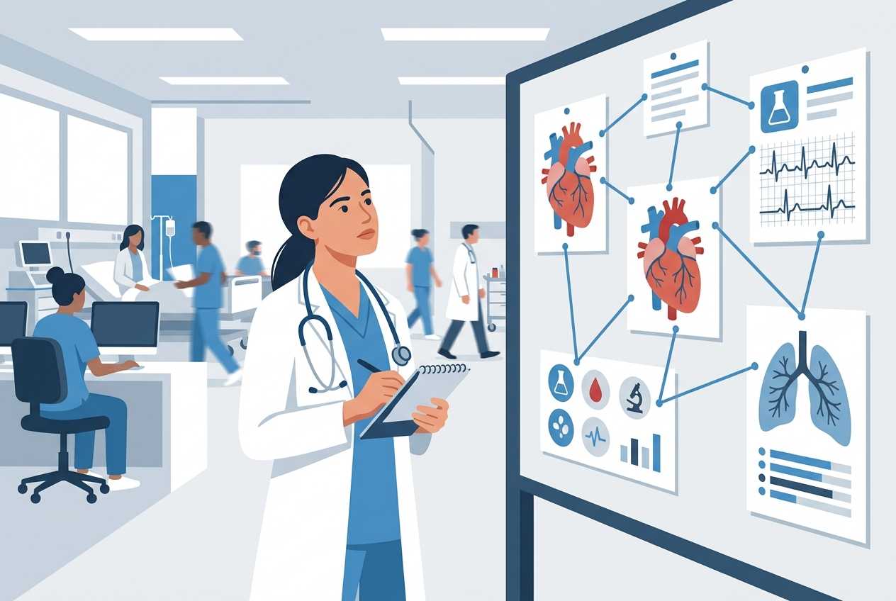 A nursing student investigating a glowing patient case board